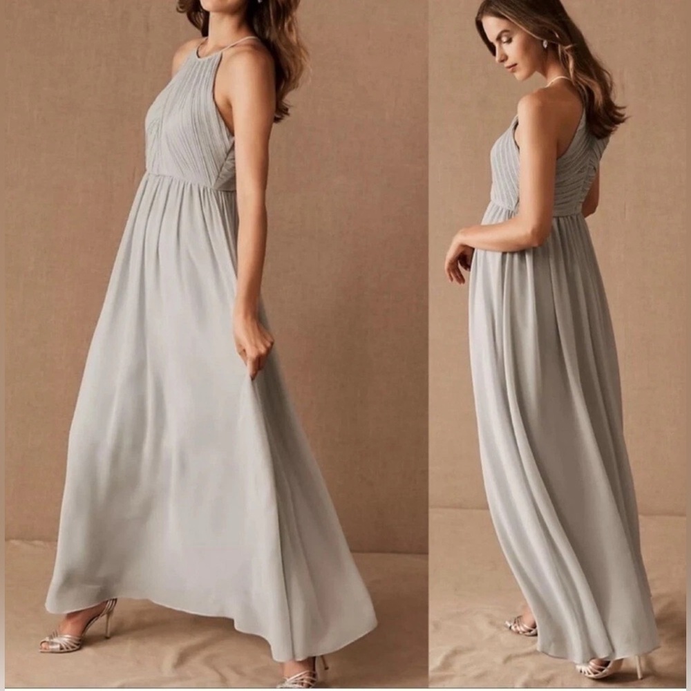 BHLDN Anthro 14 Wedding Madrie Maxi Dress Fog Grey Bridesmaid Halter Chiffon NWT